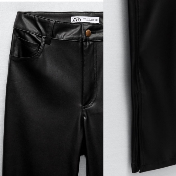 Zara Black Faux Leather Straight Leg Parted Ankle Pants - Picture 3 of 13